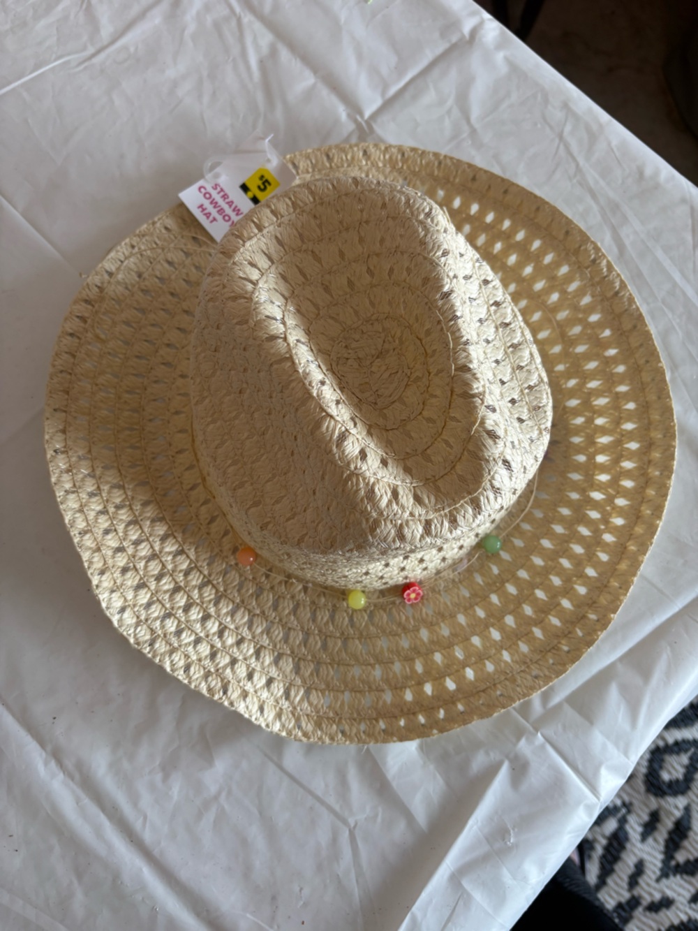 3 Kids Straw Sun Hat with Colorful Bead Trim - /purple ribbon Natural